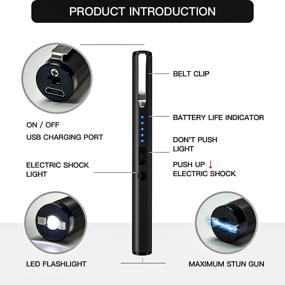 40,000,000 Volts Pen Stun Gun Flashlight with battery meter and pocket clip Black view 2